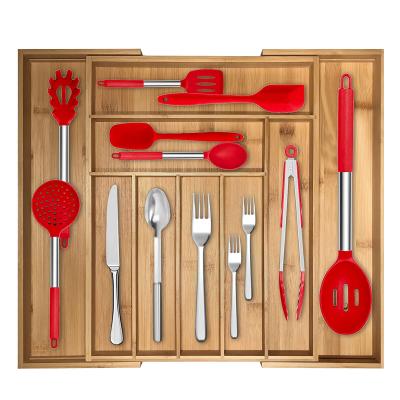 China Sustainable Bamboo Kitchen Drawer Organizer Bamboo Cutlery Adjustable Kitchen Knives Tray for sale