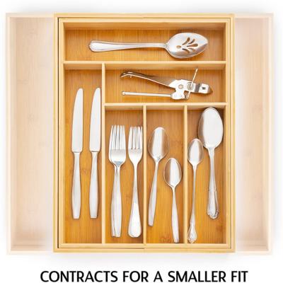 China New Arrival Modern Kitchen Utensil Tray Adjustable Cutlery Drawer Organizer Tray 8 Compartment Natural Bamboo For Cutlery for sale