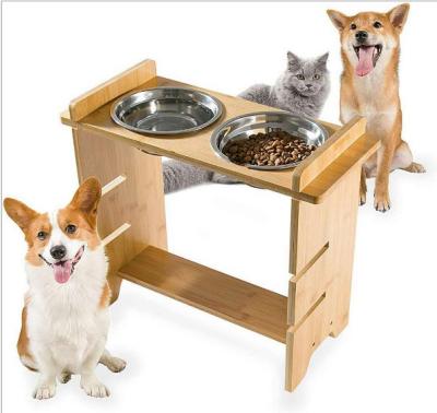 China 2022 Viable Height Adjustable Pet Carrier Feeding Rack Raised Bowls L Bamboo Pet Feeder With Stainless Steel 2 for sale