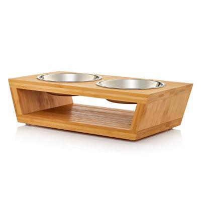 China Sustainable Pet Cat Dog Food Drinking Water Double Rolls Bamboo Wooden Dog Cat Pet Feeder Stand for sale