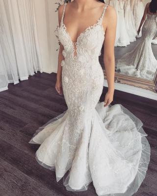 China Anti-Static Custom Made Spaghetti Wedding Dresses with Detachable Train Lace Floral Appliques Tulle Beach Mermaid Wedding Gowns Backless for sale