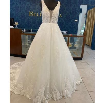 China Anti-Static Sparkly High Quality Lace Wedding Dress Spaghetti Straps Sexy V neck See Through 2024 Wedding Dresses Real Sample for sale