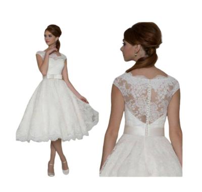 China Anti-Static Short Wedding Gown Cap Sleeves Sheer Illusion See Through Back Buttons High Quality Tulle Lace Tea Length Wedding Dresses 2024 for sale