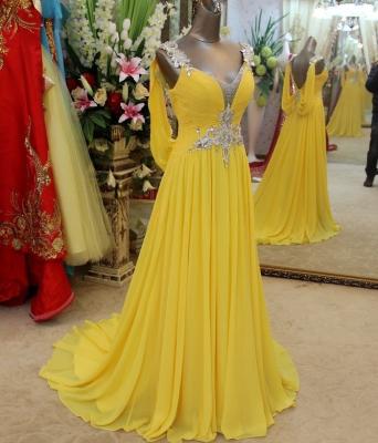 China Anti-Static Chiffon Evening Dress Yellow Beaded Crystals V neck Backless Spaghetti Straps Mint Green Long Evening Gown Formal Prom Dress for sale