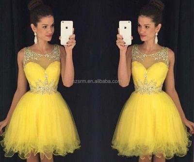 China Anti-Static Luxury A Line Jewel Mini Tulle Prom Dress With Beads Yellow Modern Evening Party Wear Dress Sleeveless for sale