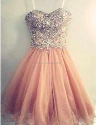 China Anti-wrinkle Sexy Spaghetti Strap Party Dress Tulle Beaded Crystals Short Prom Dresses Peach Prom Gown for sale