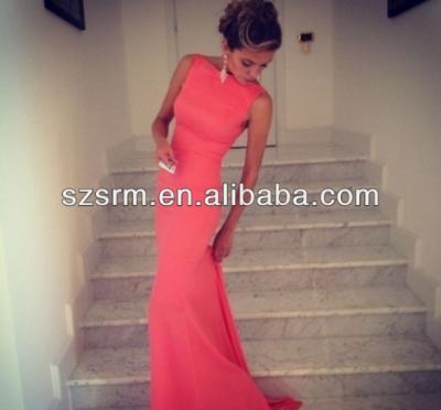 China Anti-Static Coral Evening Dress Formfitting Sheath High Neck Formal Long Event Gown HED7 for sale