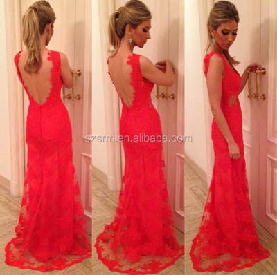 China Anti-Static Best Selling See Through Nude Back Red Lace Evening Dresses 2018 New Arrival vestido de festa long for sale