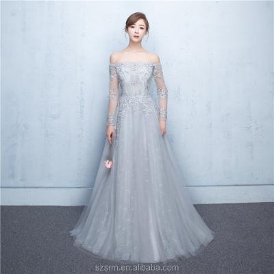 China Anti-Static Silver Off-Shoulder Elegant A Line Party Wear Gowns Floor Length Tulle Beaded Hollow Back Zipper Appliqued Evening Dress for sale