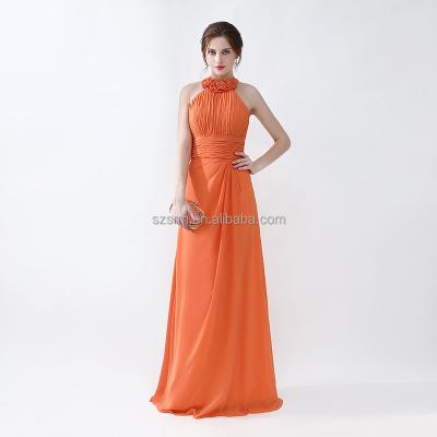 China Anti-Static Floor Length Orange Elegant Zipper Chiffon Sleeveless Halter Hand Made Flower Backless Ruched Beaded Evening Party Dress for sale