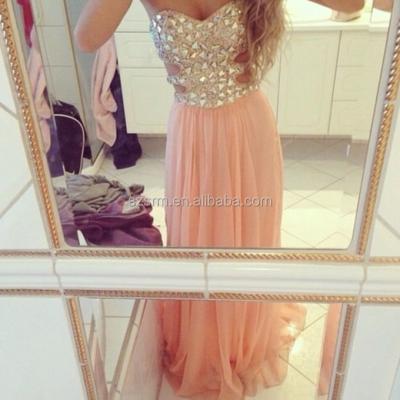 China Anti-Static 2018 New Design Peach Sweetheart Rhinestone Beaded Long Chiffon Prom Dress Women Gown Free Shipping ZPD-271 for sale