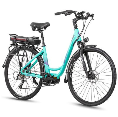 China Aluminum alloy women lady style city electric bike 700C e bike with 250W mid motor and oversize saddle for sale