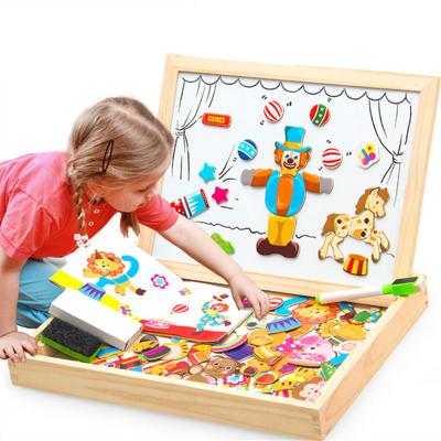 China Cartoon Toy 100+PCS Puzzle Figure/Wooden Magnetic Drawing Board /Circus Animals Vehicle 5 Styles Box Educational Toy Gift for sale