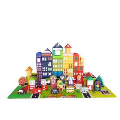 China Building Toy 100 Pcs Color Wooden Toys Urban Traffic Scenes Geometric Shape Assembled Building Block Early Educational Toys For Children for sale