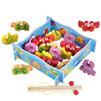 China Wooden Children's Parent-Child Toys Magnetic Fishing Interactive Game Kids 2 Rod 16 3d Fish 4 Barriers Outdoor Pool Water Baby Bath Toys for sale