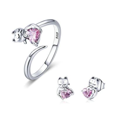 China SKA S925 Sterling Silver Cute Cat Jewelry Earring Jewelry Set Trendy Fashion Jewelry Ring for sale