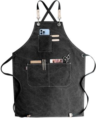 China Durable Customized Eco-Friendly Chef Kitchen Cooking Large Pocket Black Canvas Cotton Baking Apron Cross Back Adjustable Shoulder Strap for sale