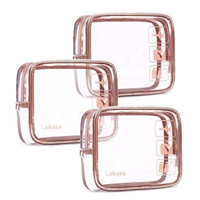 China Eco-Friendly Toiletry Bag Travel Makeup Clear Bag Set Transparent PVC Cosmetic Pouch for Vacation, Bathroom and Small Organizing, Rose Gold for sale