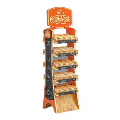 China Attractive Convenient Custom Shelving Wooden Floor Display Food Snacks Wooden Display Rack for sale