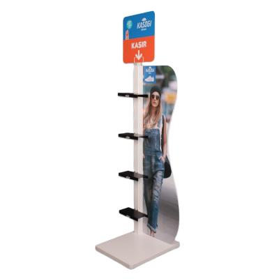 China Floor Display Customized POP POS Floor Metal Shoe Shop Display Racks With PVC Graphic Board for sale