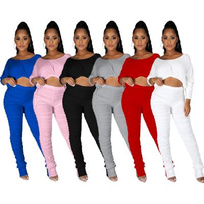 China Amazon fall and winter 2021 plus size anti-pilling drawstring long sleeve sports main two pieces sets custom logo pleated pants suit for sale