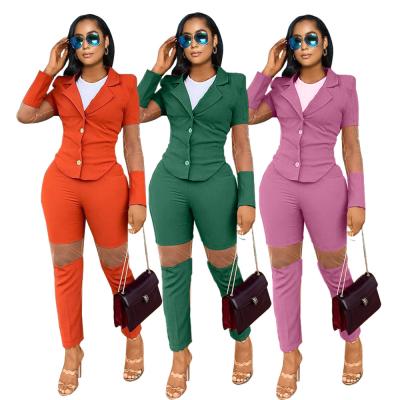 China Wholesale Breathable 2021 Autumn Two Piece Women's Suit Jacket And Pant Sets Lady's Quilted Mesh Skinny Suit Women'S Garment Suits for sale