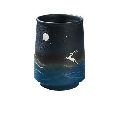 China Viable Chinese Traditional Artistic Ceramic Coffee Star Design Luster Blue Sublimation Mug With Rui Crane Moonlight Deer Pattern for sale