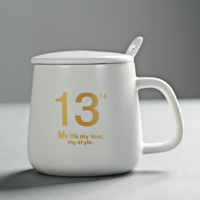 China Custom Sustainable Ceramic Mug Couples Water Cup With Lid Spoon Coffee Tea Milk Water Cup Mug for sale