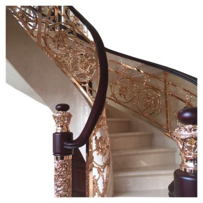 China Customized According to Fashion Real Luxury Design Situation Gold Plated Floral Arch Shape Handrail Stainless Steel Stairs Solid Wood Fence Railing for sale