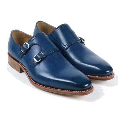 China Anti-Smell Brand Luxury Men's Goodyear Monk Strap Double Welted Leather Handmade Blue Shoes Stylish Shoes 100% for sale