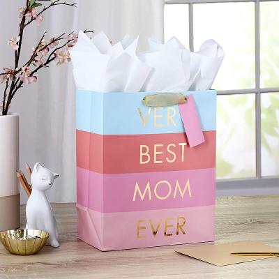 China Recycled Materials Custom Card Holder Pocket Inside Gold Foil Lettering Large Mother's Day Gift Bag With Tissue Paper for sale