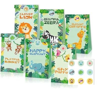 China Recycled Materials Custom Jungle Animal Theme Party Cartoon Kraft Goodie Bags DIY Candy Treat Wrapped Bags With Sealing Stickers for sale