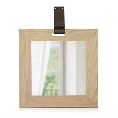 China Modern square wood shape with faux leather belt wall mirror for living room and home decoration for sale