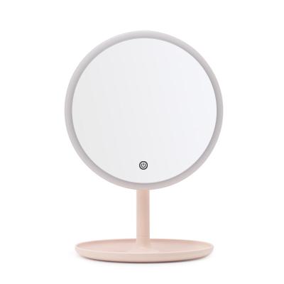 China Art Decor Living Room Decorative High Definition Round LED LIGHT PINK Mirror Make Up Mirror WITH HOLDER for sale