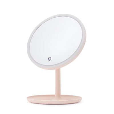 China Art Decor Living Room Decorative High Definition Round LED LIGHT PINK Mirror Make Up Mirror WITH HOLDER for sale