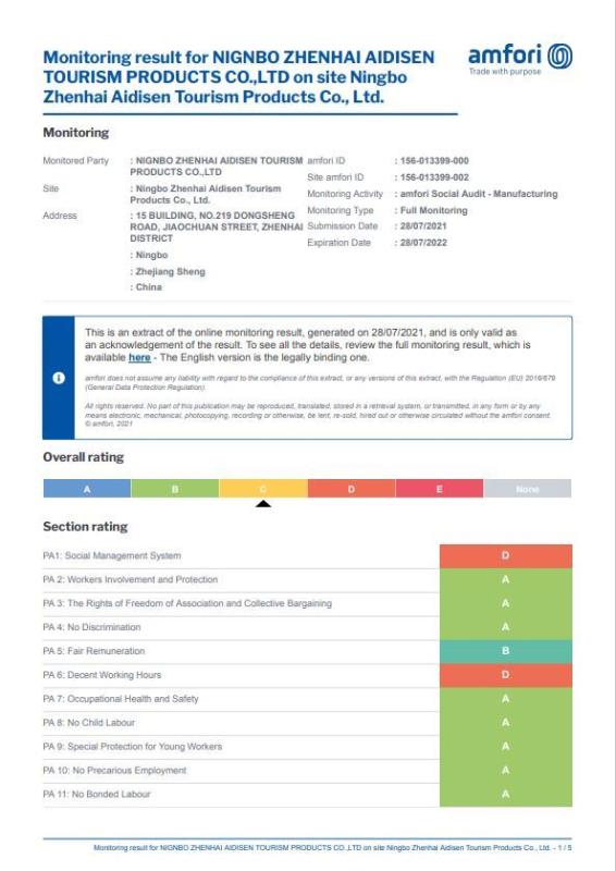 BSCI - Ningbo Zhenhai Aidisen Tourism Products Co., Ltd.