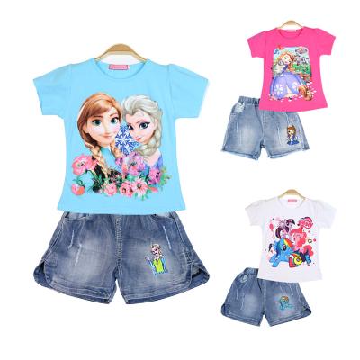 China Casual Girls Teams Elsa Anna Summer Kids Short Clothing Cotton Sleeve Sets Sofia Pony Two Piece Kids Jeans Shorts for sale