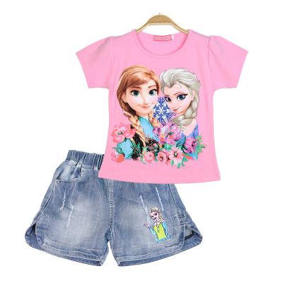 China Casual Girls Teams Two Piece Set Elsa Anna Summer Kids Clothing Cartoon Short Sleeve Children Clothes Fashion Jeans Shorts for sale