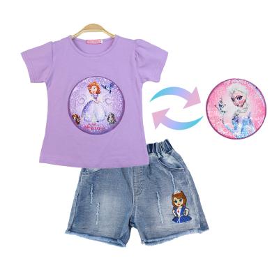 China 2022 New Girls Sequin Sets Sequin Cotton Summer Kids Casual Short Jeans Shorts Clothing Two Piece Kids Clothes Sofia for sale