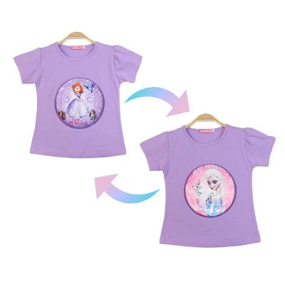 China New Girl's Anti-Shrink T-shirt Summer Short Sleeve Clothing 1 Piece Sequined Cartoon Elsa Anna Of Cotton Children'S Tee for sale