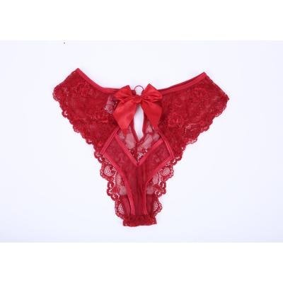 China French red transparent underwear lace sexy soft women's breathable mesh embroidery t-pants bow triangle pants new style for sale