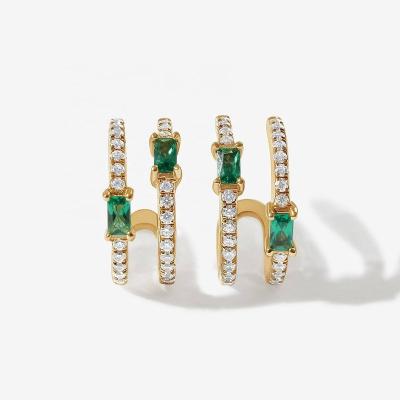 China FASHIONABLE Circle Emerald Crystal Baguette Cubic Zirocnia Double Huggie Sterling Silver 925 Earring Gold Jewelry from LOZRUNVE for sale