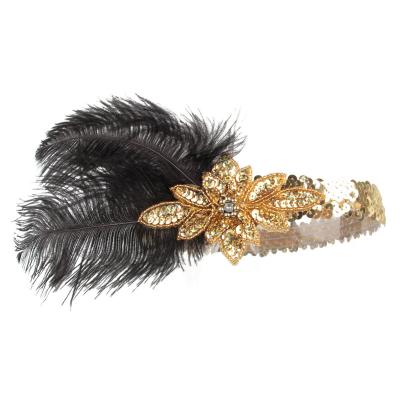 China 1920s Hair Accessories Gold Glitter Eco-friendly Jewelry For Costume Party Black Feather Headpiece For Women Original Handmade for sale