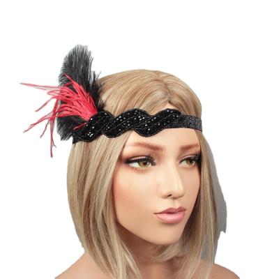 China Ribbon tied bow on back black feather headband with beaded trim 1920s Gatsby handmade headband for costume for sale