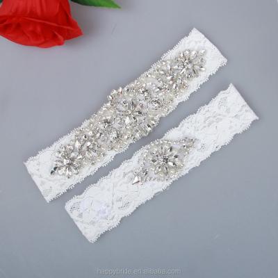 China Stretched Lace Up Luxury Crystal Rhinestones Applique Lace Wedding Garter Set For Bride Handmade HT0005 for sale