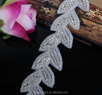 China New Viable Leaf Design Rhinestones Beaded For Applique Clear Stones Beaded Trim Handmade For Wedding Dress And Garter Jewelry RA1011 for sale