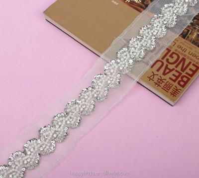 China Viable Lace Imitation Pearl Beaded Trim With Sequins LO10012 Handmade for sale