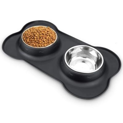 China Non-automatic Mat Double Pet Feeder Bowl Non-slip Custom Silicone Stainless Steel Collapsible Dog Bowls for sale