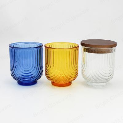 China Home Decoration 8oz 10oz 12oz Fashionable Striped Style Glass Candle Jar with Wooden Lid Embossed Glass Candle Container for Scented Candle for sale