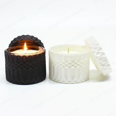 China Custom Luxury Home Decoration White Black Glass Candle Jar With Scented Soy Was Candle And Flat Glass Lid for sale